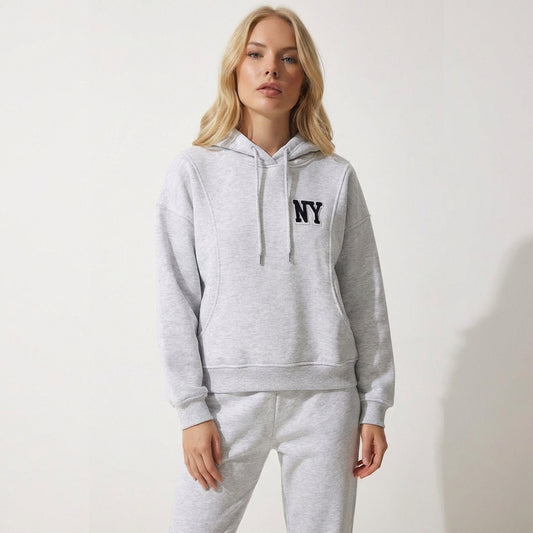 Kadın Gri NY Nakışlı Kapüşonlu Sweatshirt - Oversize Dikey Dikiş Detaylı Hoodie