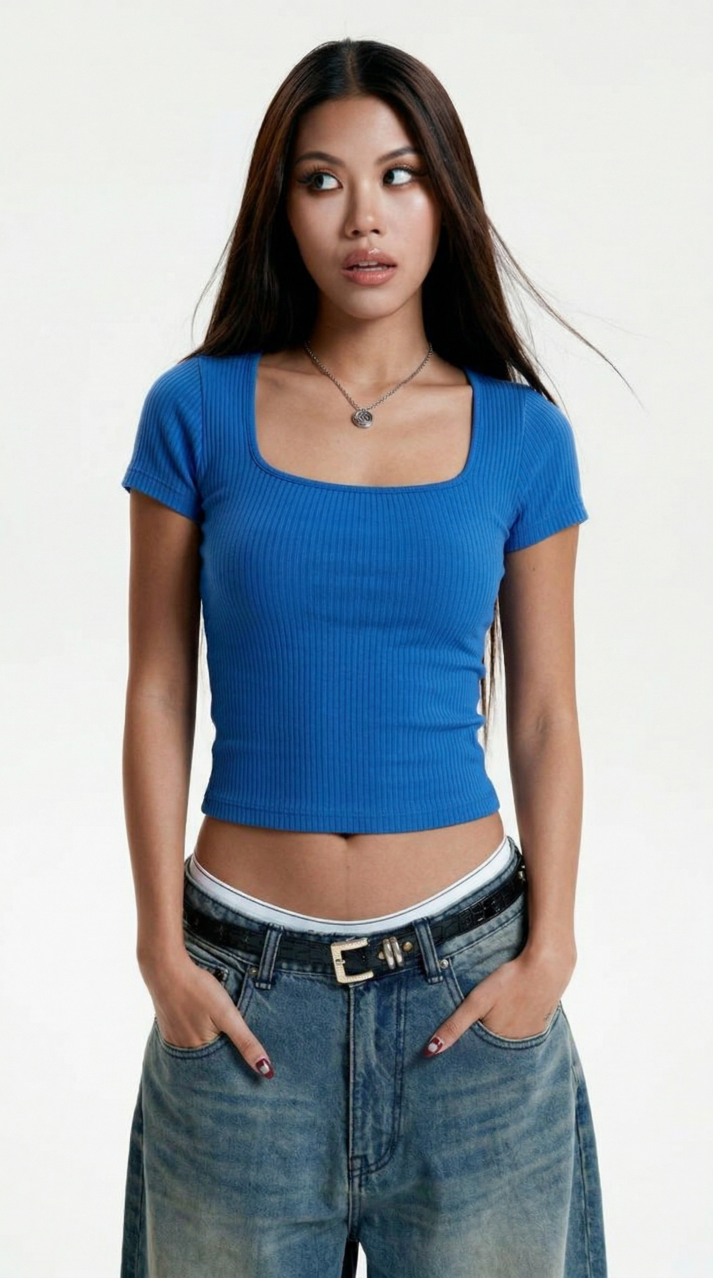 Ribanna Kumaş Kare Yaka Kısa Kollu Crop Bluz