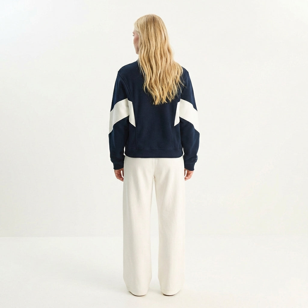 Kadın Lacivert - Beyaz Blok Renkli Fermuarlı Sweatshirt Ceket - Retro Spor Şık Track Jacket