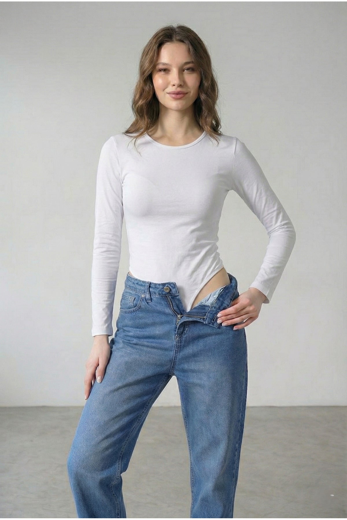 Bisiklet Yaka Çıtçıtlı Uzun Kol Body