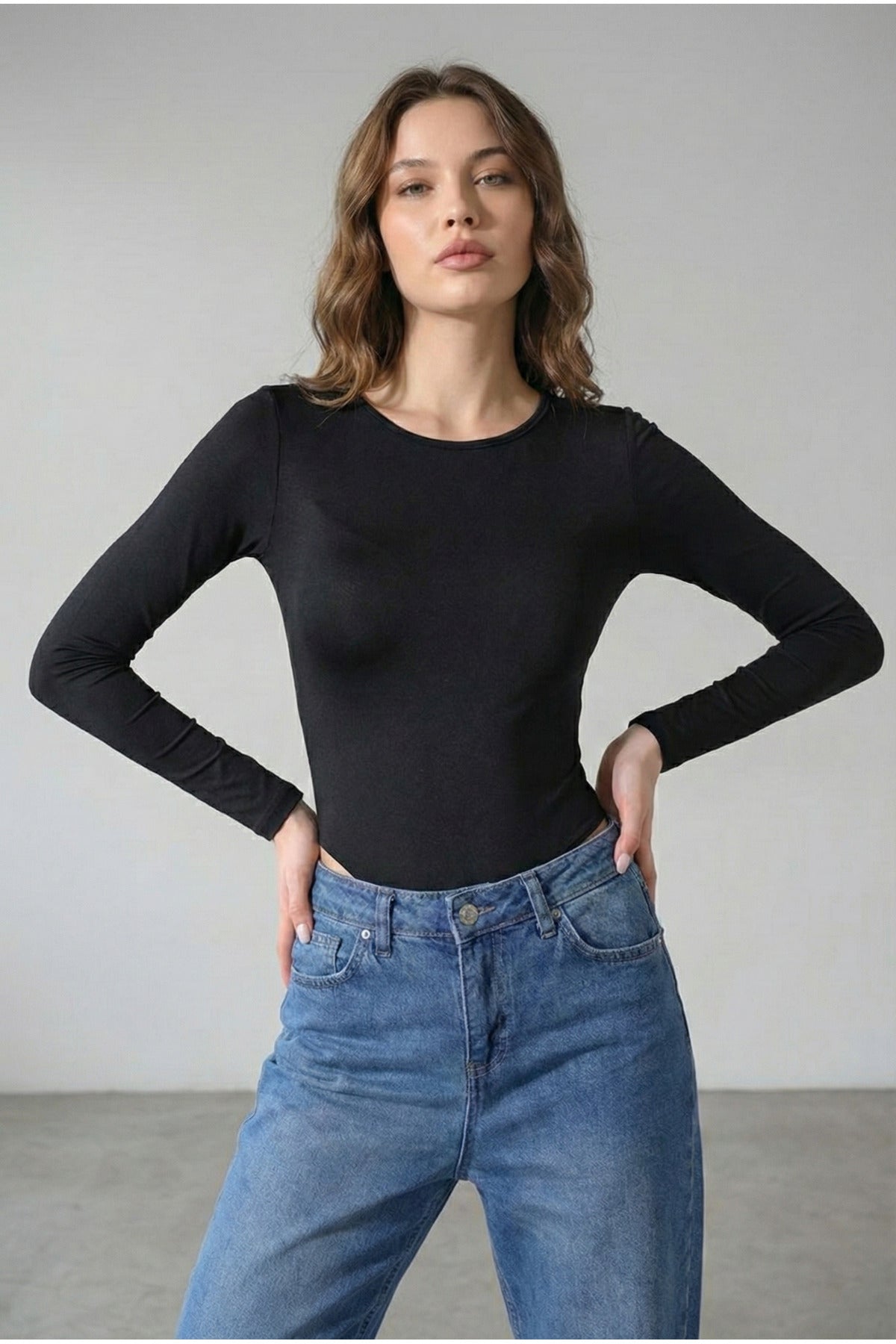 Bisiklet Yaka Çıtçıtlı Uzun Kol Body