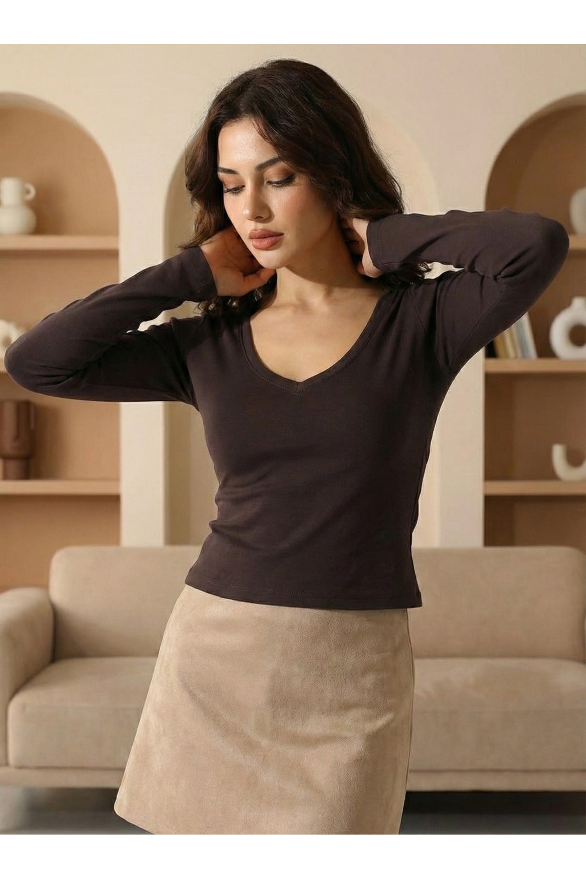 V Yaka Uzun Kol Kadın T-Shirt