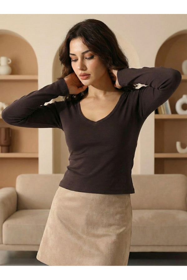 V Yaka Uzun Kol Kadın T-Shirt