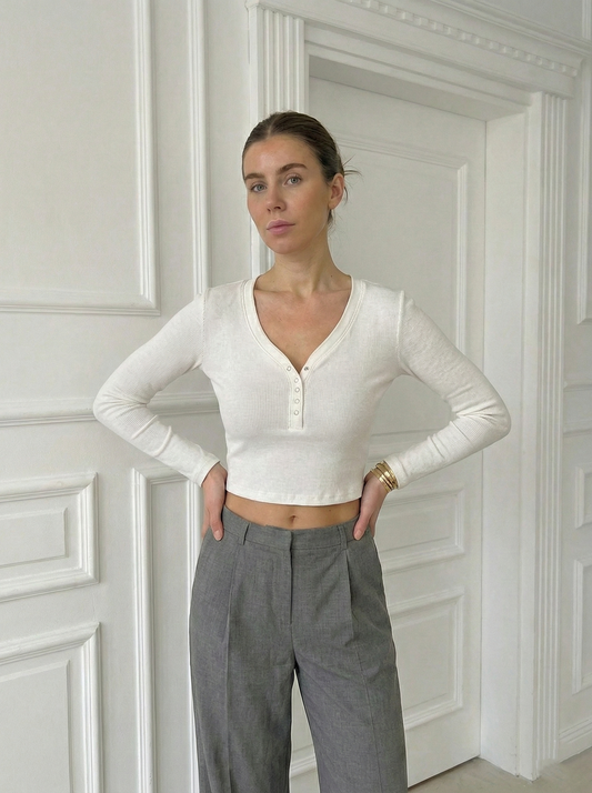 Kadın Kaşkorse Fitilli Düğmeli V Yaka Crop Bluz