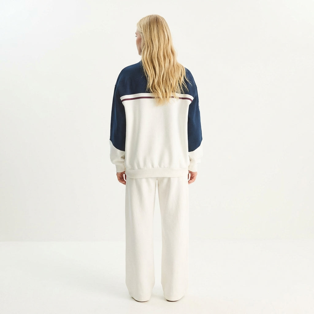 Kadın Ekru Lacivert Baskılı Dik Yaka Yarım Fermuarlı Renk Bloklu Oversize Kolej Sweatshirt