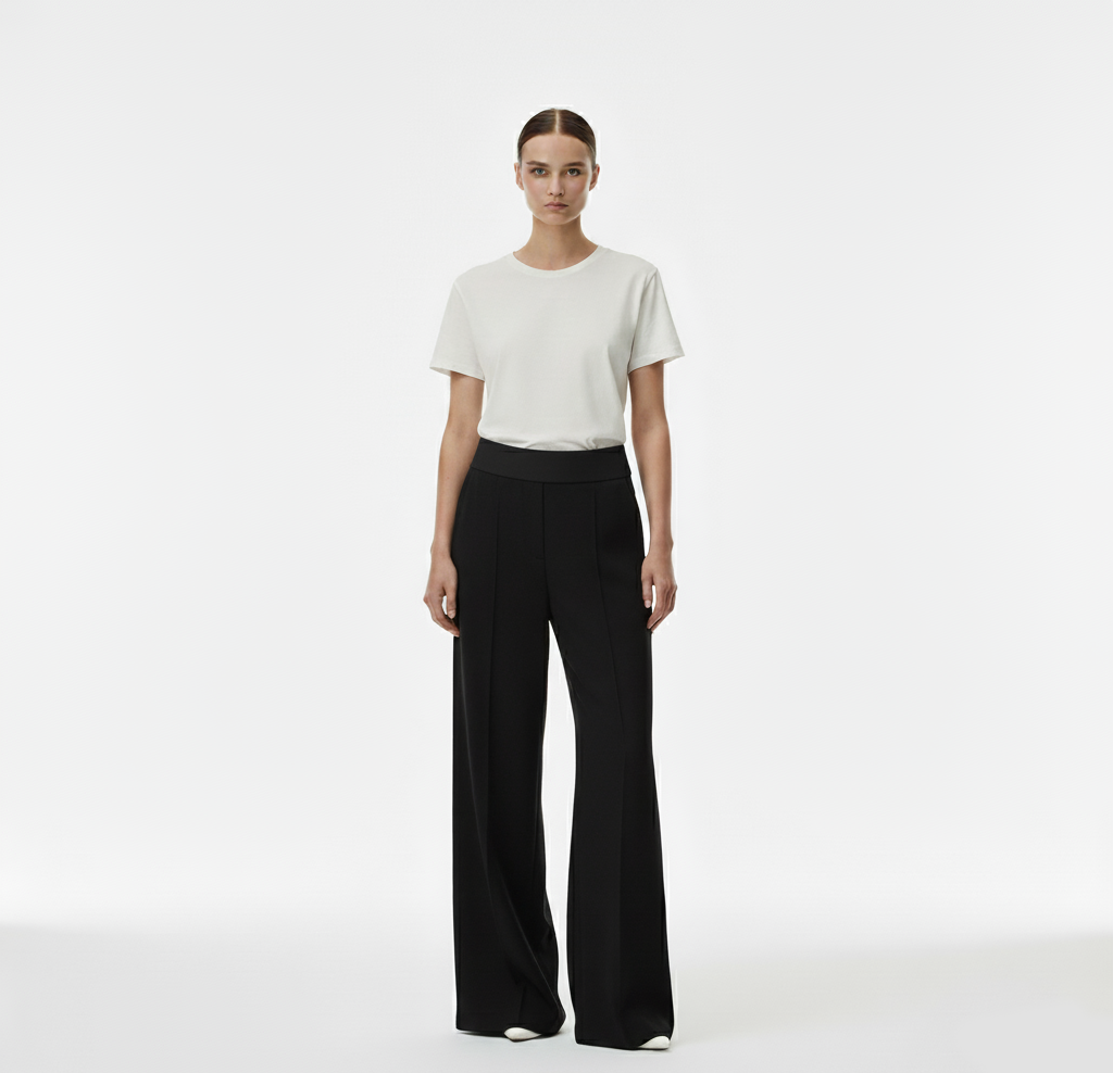 Siyah Nervür Detaylı Geniş Paça Palazzo Cepsiz Pantolon