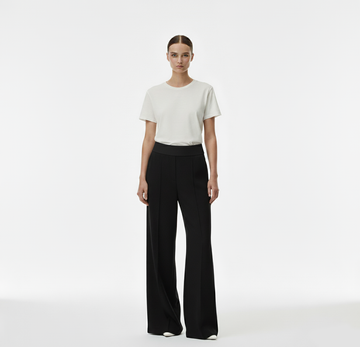 Siyah Nervür Detaylı Geniş Paça Palazzo Cepsiz Pantolon