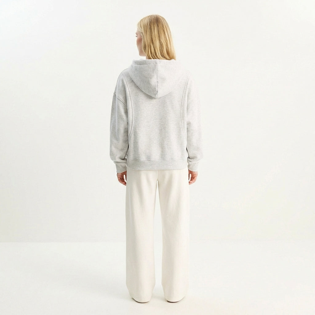 Kadın Gri NY Nakışlı Kapüşonlu Sweatshirt - Oversize Dikey Dikiş Detaylı Hoodie