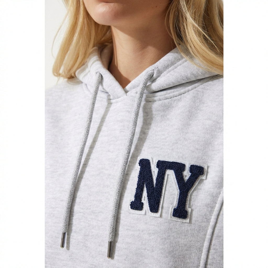 Kadın Gri NY Nakışlı Kapüşonlu Sweatshirt - Oversize Dikey Dikiş Detaylı Hoodie