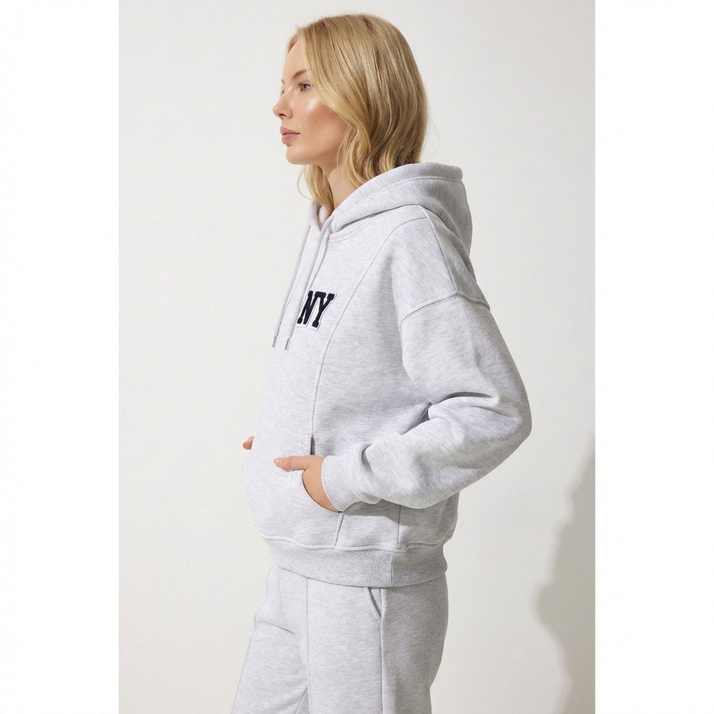 Kadın Gri NY Nakışlı Kapüşonlu Sweatshirt - Oversize Dikey Dikiş Detaylı Hoodie