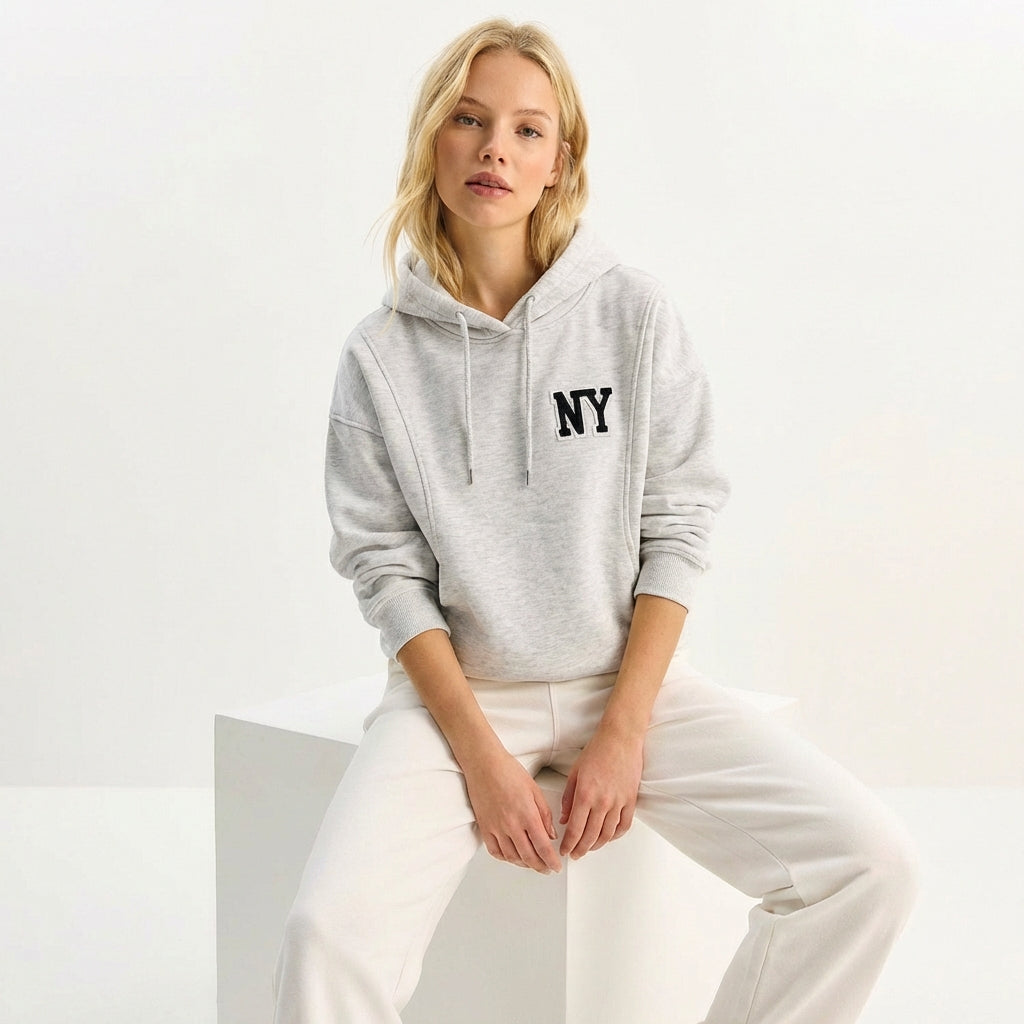 Kadın Gri NY Nakışlı Kapüşonlu Sweatshirt - Oversize Dikey Dikiş Detaylı Hoodie