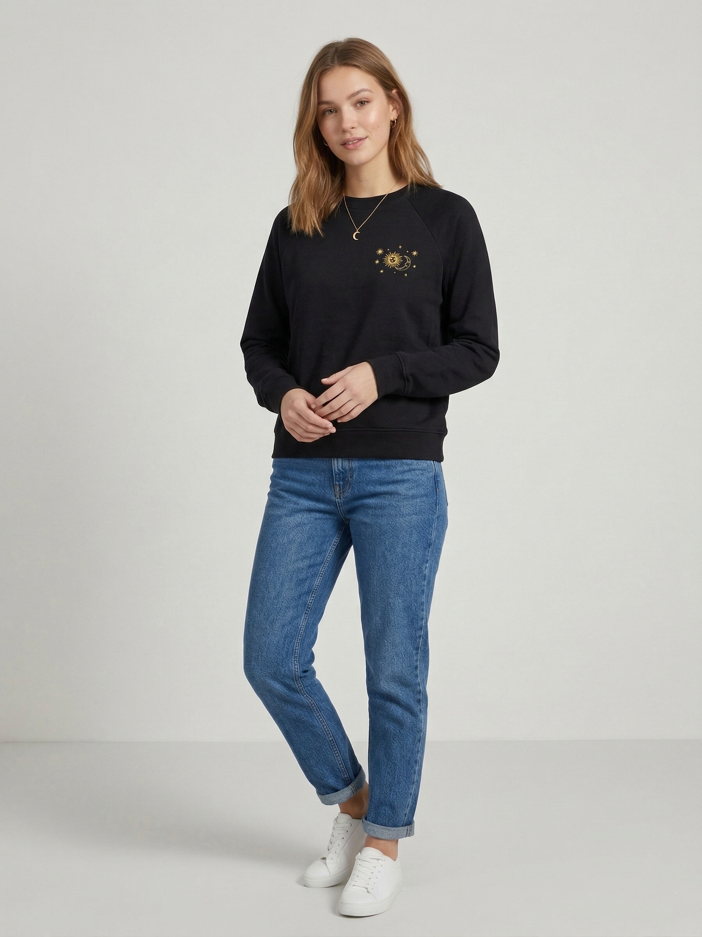 Siyah Güneş ve Ay Baskılı Sweatshirt