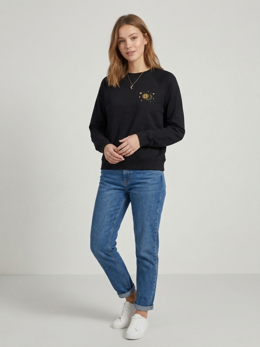 Siyah Güneş ve Ay Baskılı Sweatshirt