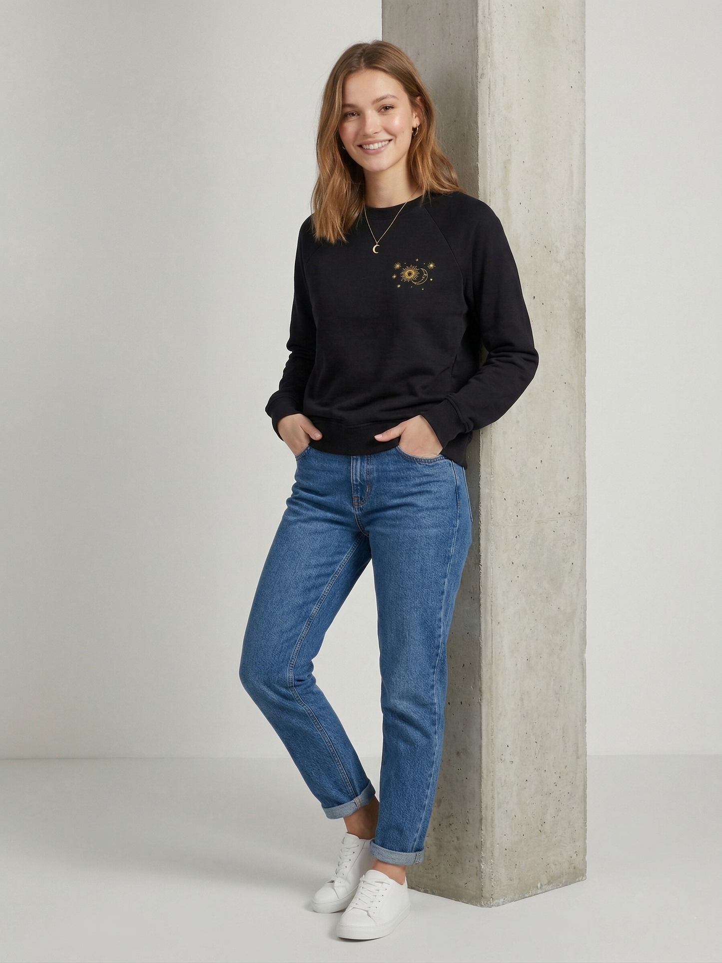 Siyah Güneş ve Ay Baskılı Sweatshirt