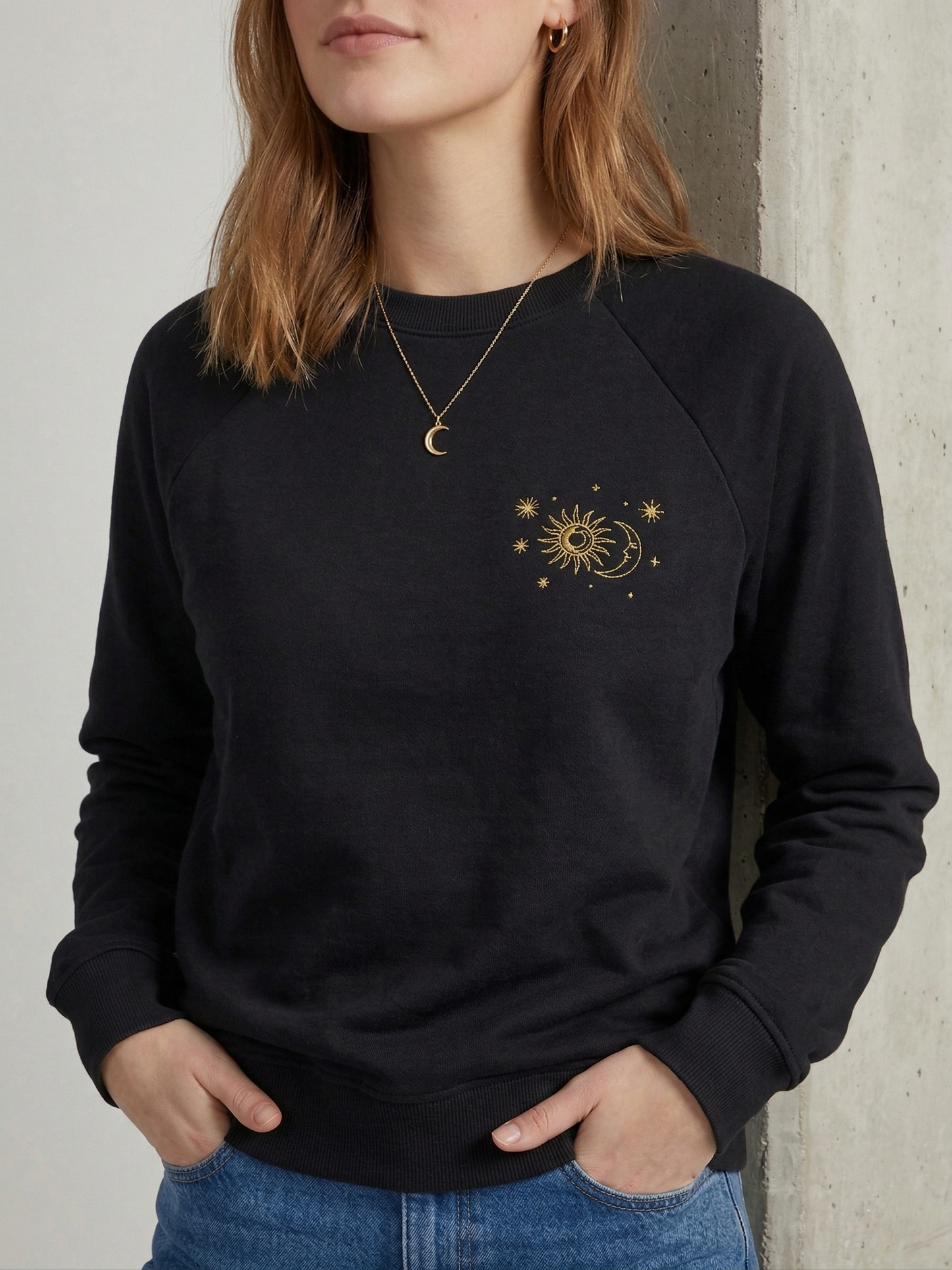 Siyah Güneş ve Ay Baskılı Sweatshirt