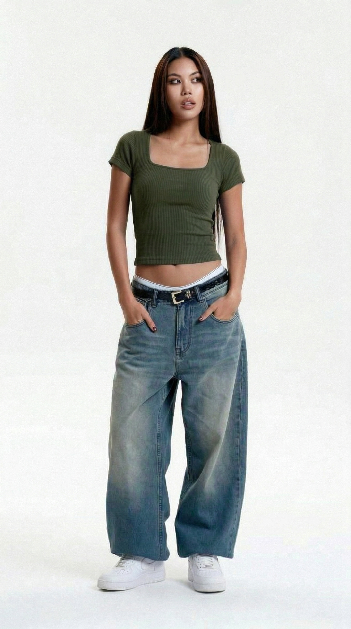 Ribanna Kumaş Kare Yaka Kısa Kollu Crop Bluz