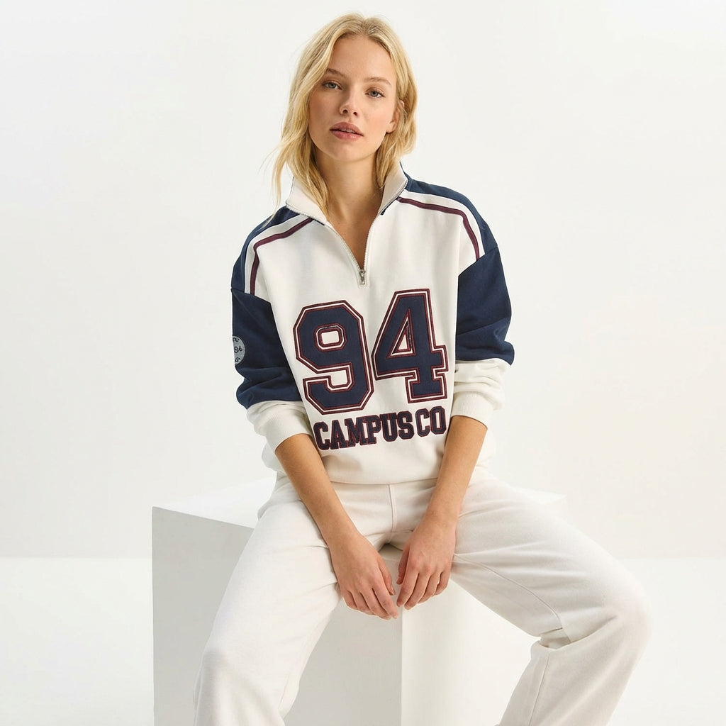 Kadın Ekru Lacivert Baskılı Dik Yaka Yarım Fermuarlı Renk Bloklu Oversize Kolej Sweatshirt