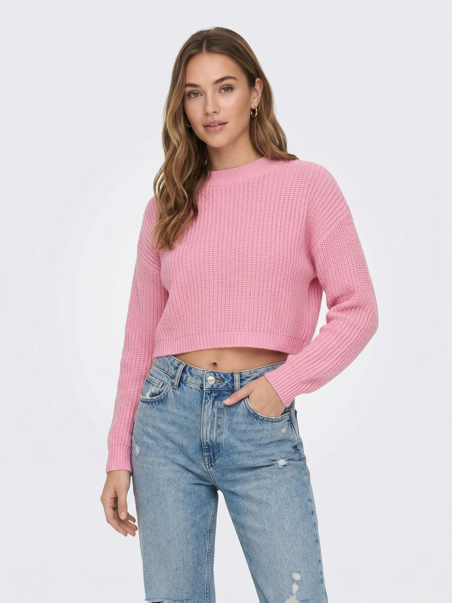 Pembe Yarım Balıkçı Yaka Crop Triko Kadın Kazak