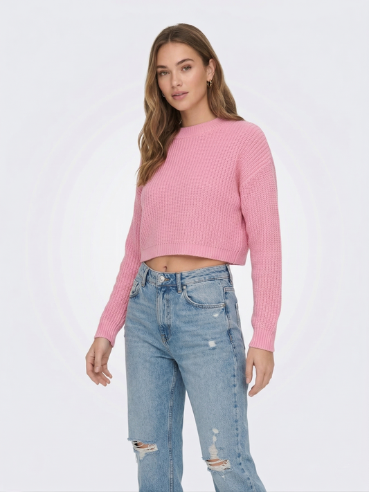 Pembe Yarım Balıkçı Yaka Crop Triko Kadın Kazak