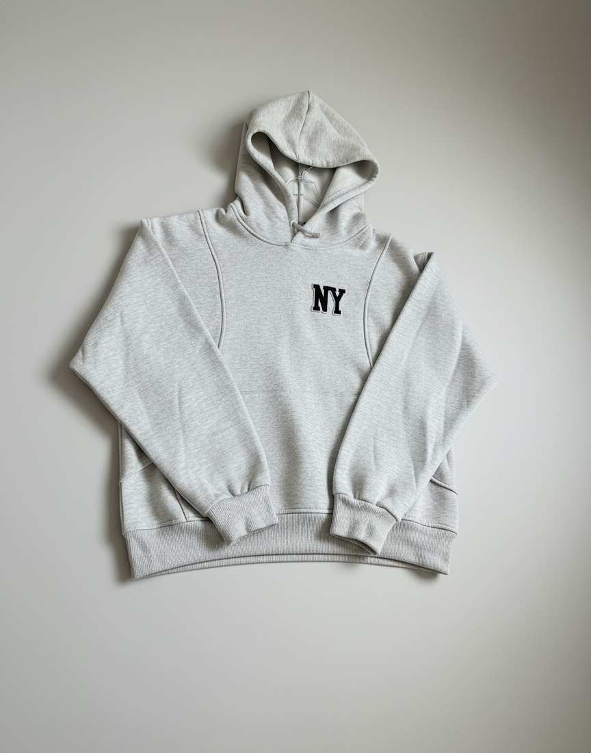 Gri NY Baskılı Oversize Kapüşonlu Sweatshirt