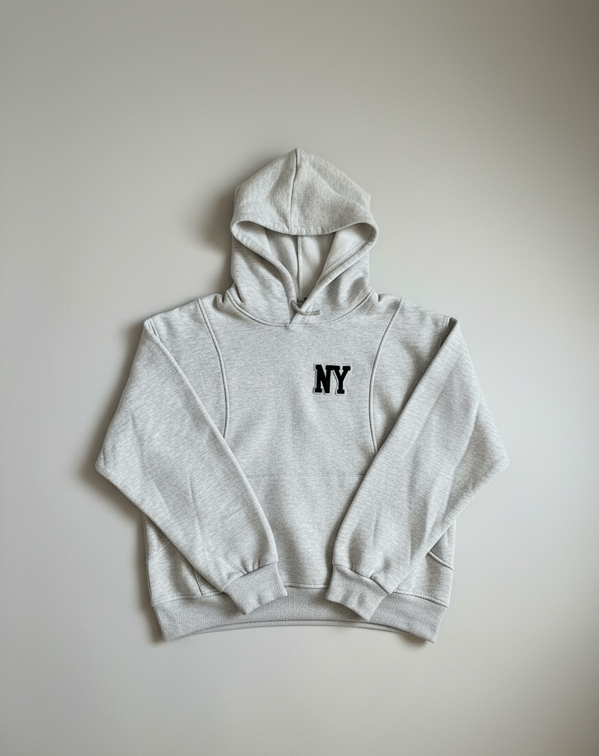 Gri NY Baskılı Oversize Kapüşonlu Sweatshirt