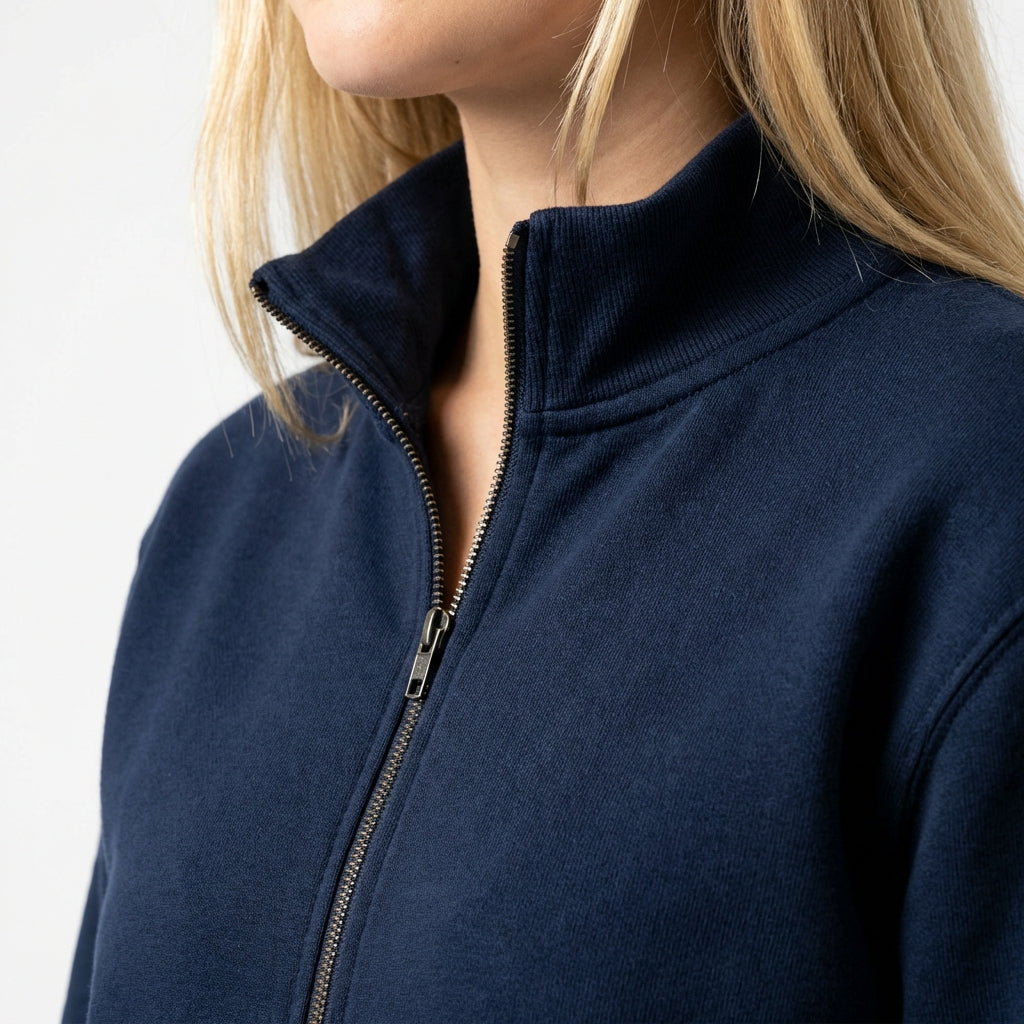 Kadın Lacivert - Beyaz Blok Renkli Fermuarlı Sweatshirt Ceket - Retro Spor Şık Track Jacket