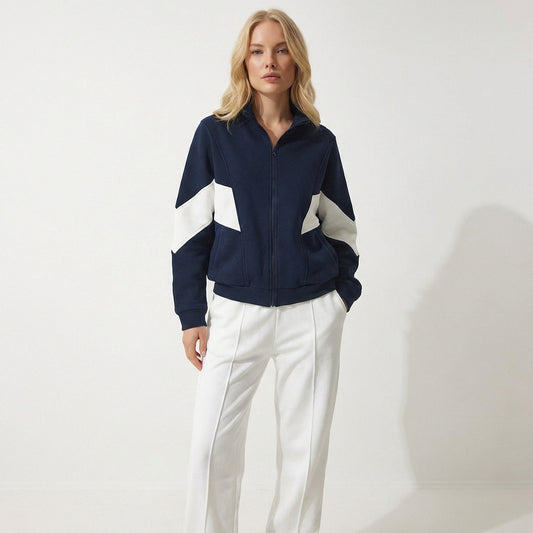 Kadın Lacivert - Beyaz Blok Renkli Fermuarlı Sweatshirt Ceket - Retro Spor Şık Track Jacket