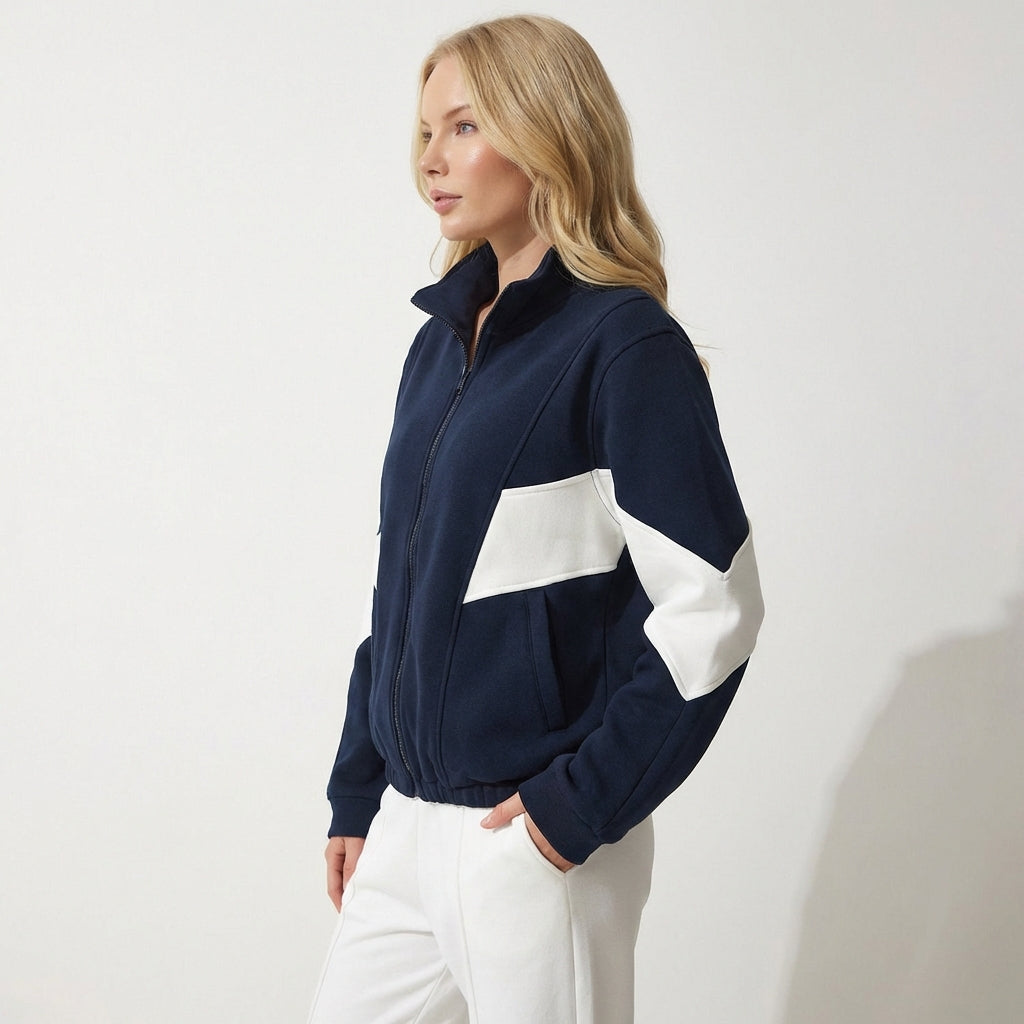 Kadın Lacivert - Beyaz Blok Renkli Fermuarlı Sweatshirt Ceket - Retro Spor Şık Track Jacket