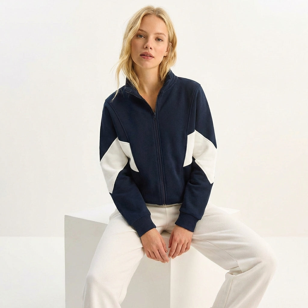 Kadın Lacivert - Beyaz Blok Renkli Fermuarlı Sweatshirt Ceket - Retro Spor Şık Track Jacket