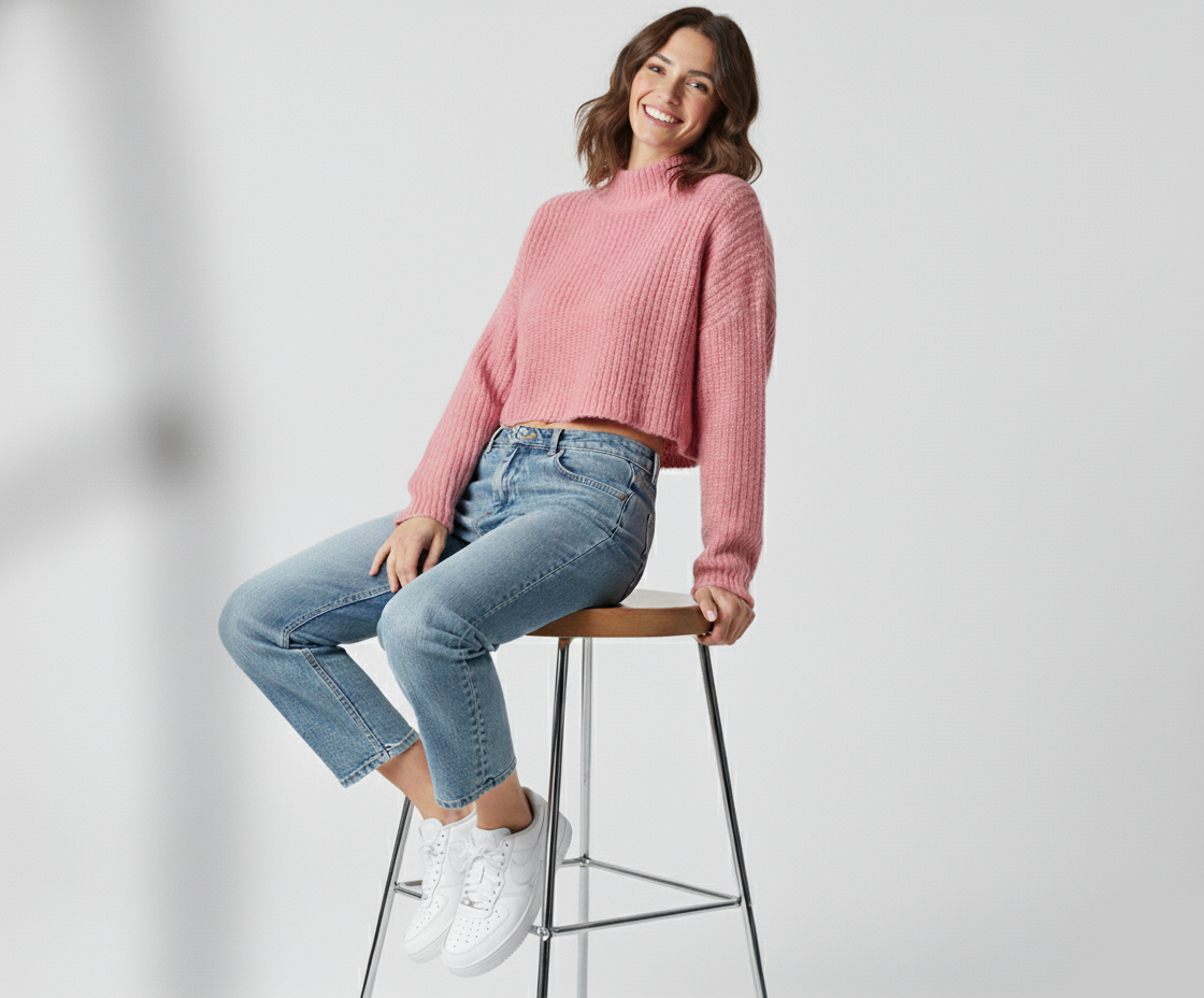 Pembe Yarım Balıkçı Yaka Crop Triko Kazak