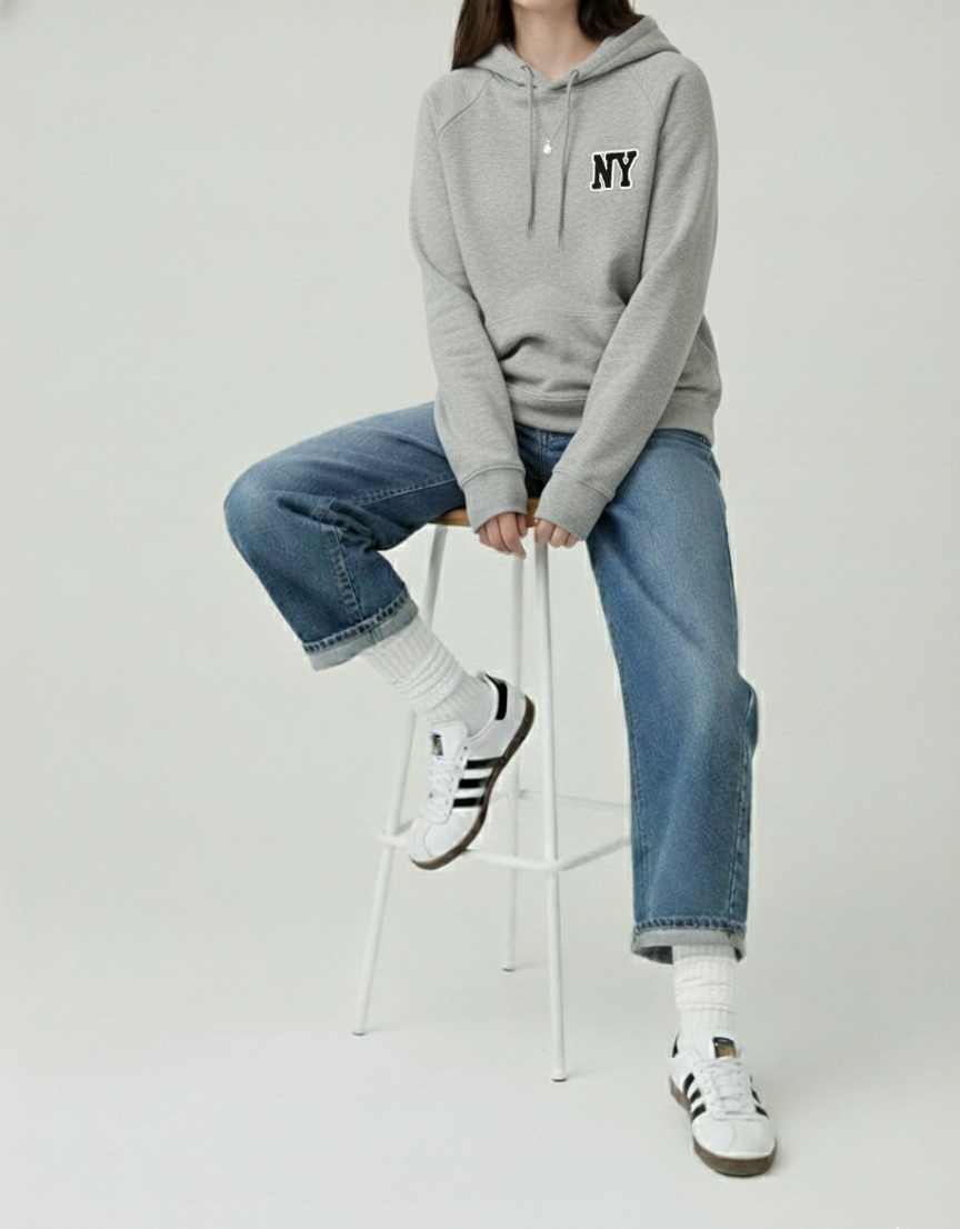 Gri NY Baskılı Oversize Kapüşonlu Sweatshirt