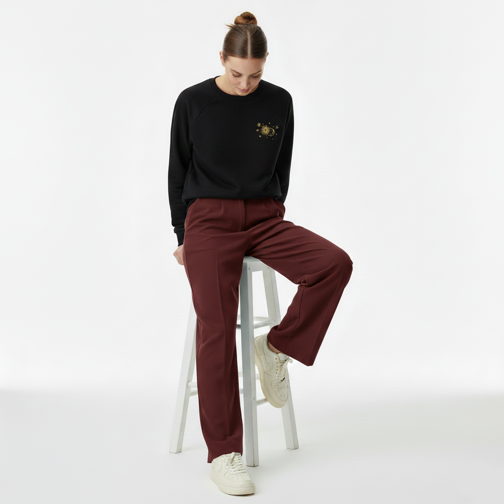 Siyah Güneş ve Ay Baskılı Sweatshirt