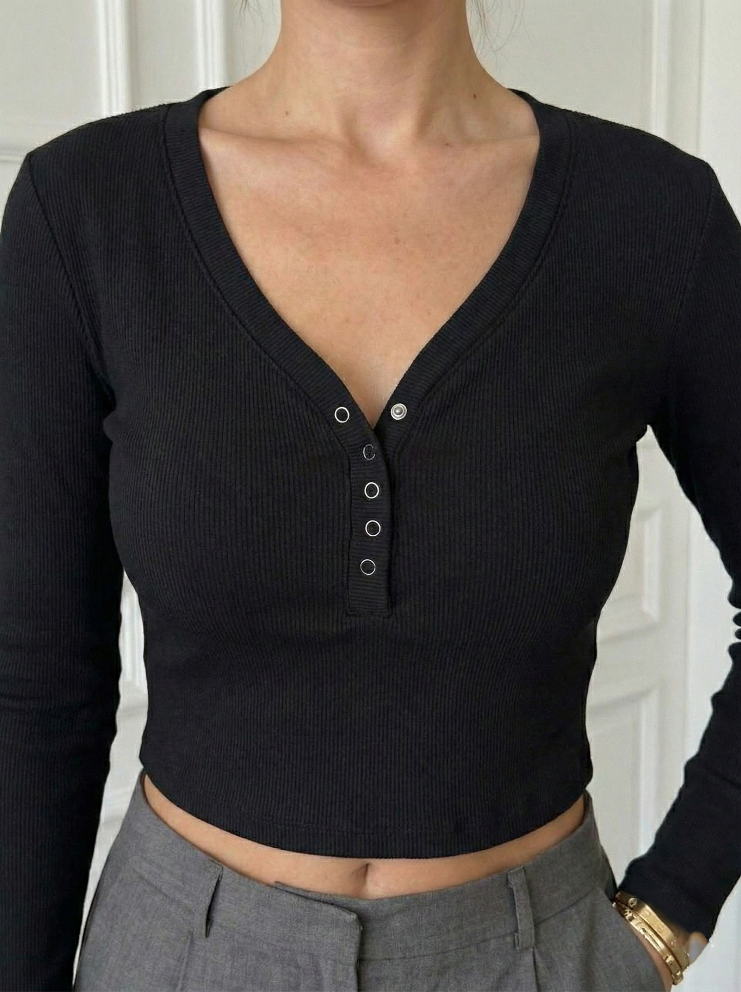 Kadın Kaşkorse Fitilli Düğmeli V Yaka Crop Bluz