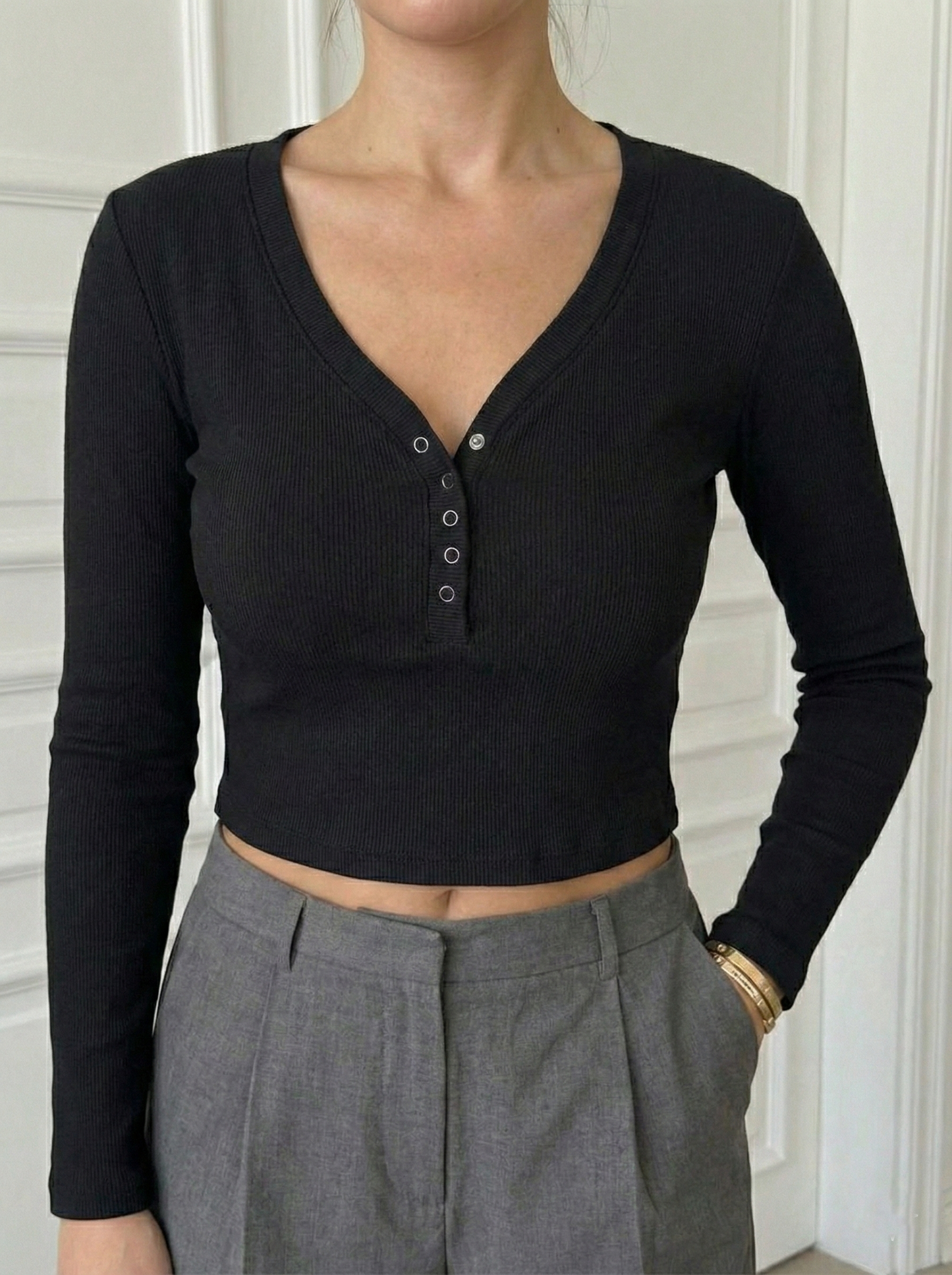 Kadın Kaşkorse Fitilli Düğmeli V Yaka Crop Bluz