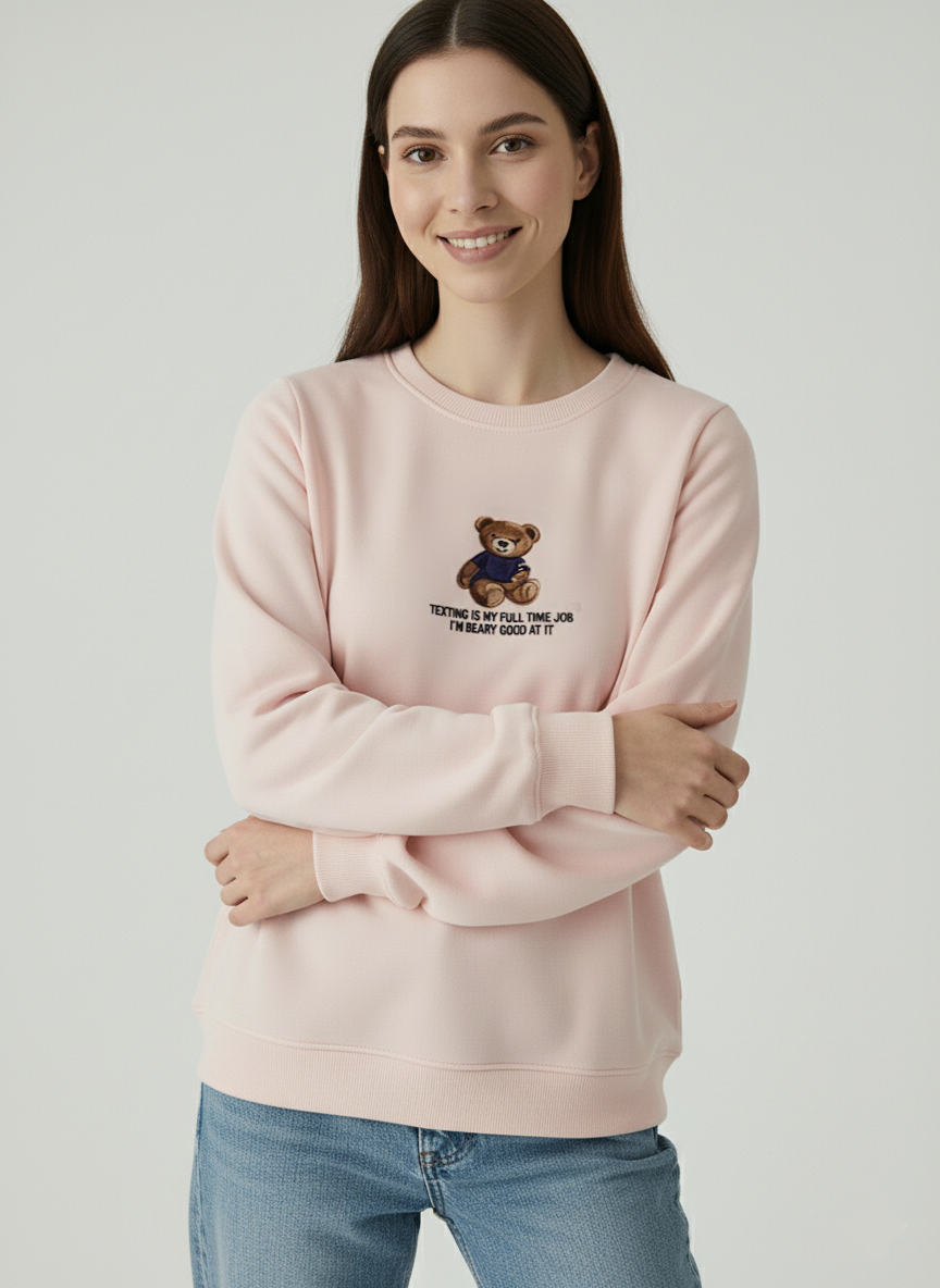 Pembe Ayıcık Nakışlı Sweatshirt