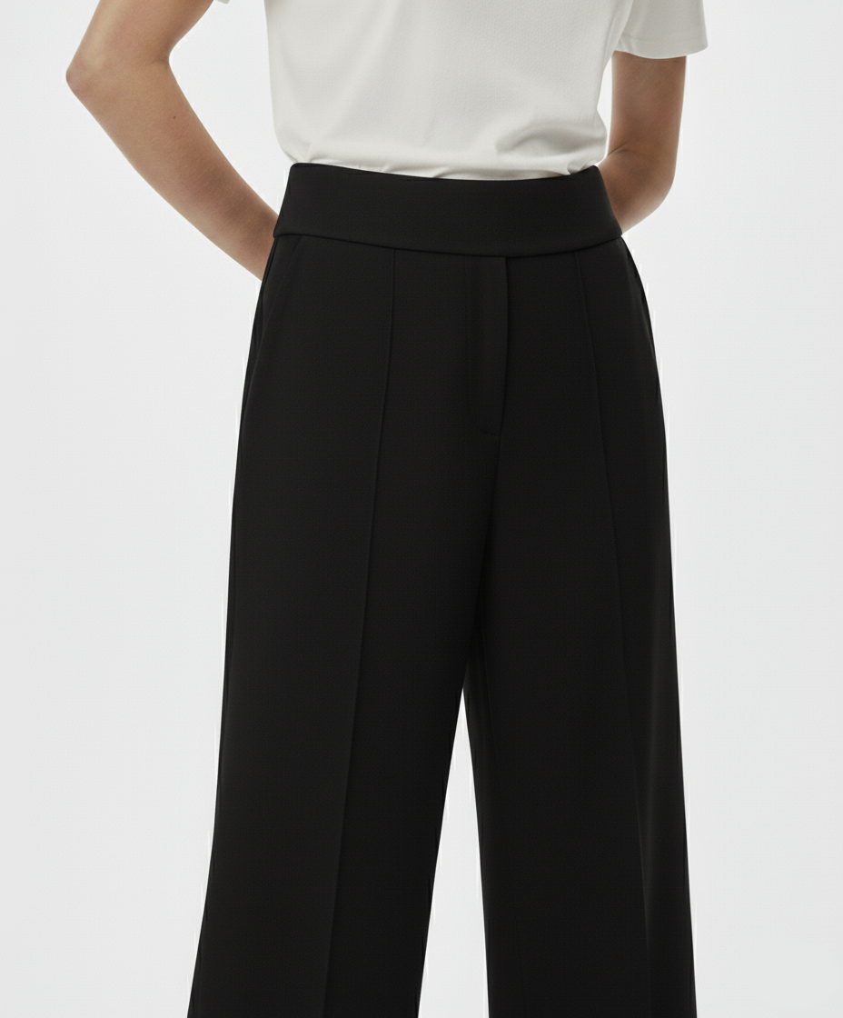 Siyah Nervür Detaylı Geniş Paça Palazzo Cepsiz Pantolon