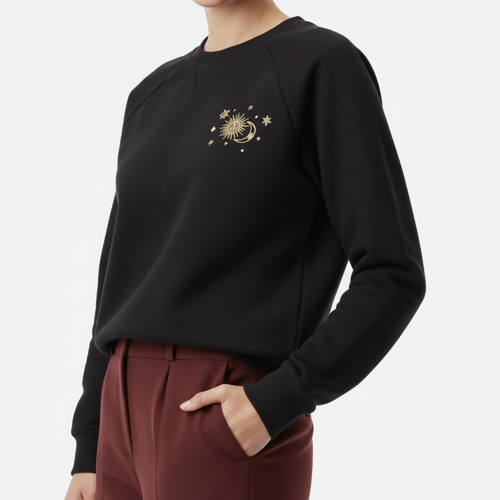 Siyah Güneş ve Ay Baskılı Sweatshirt